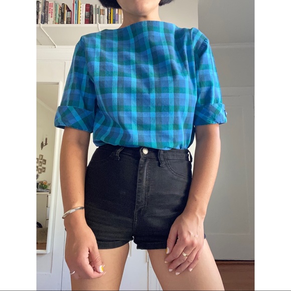 SOLD Vintage Handmade Turquoise Plaid Gingham Boatneck Top - Picture 6 of 9